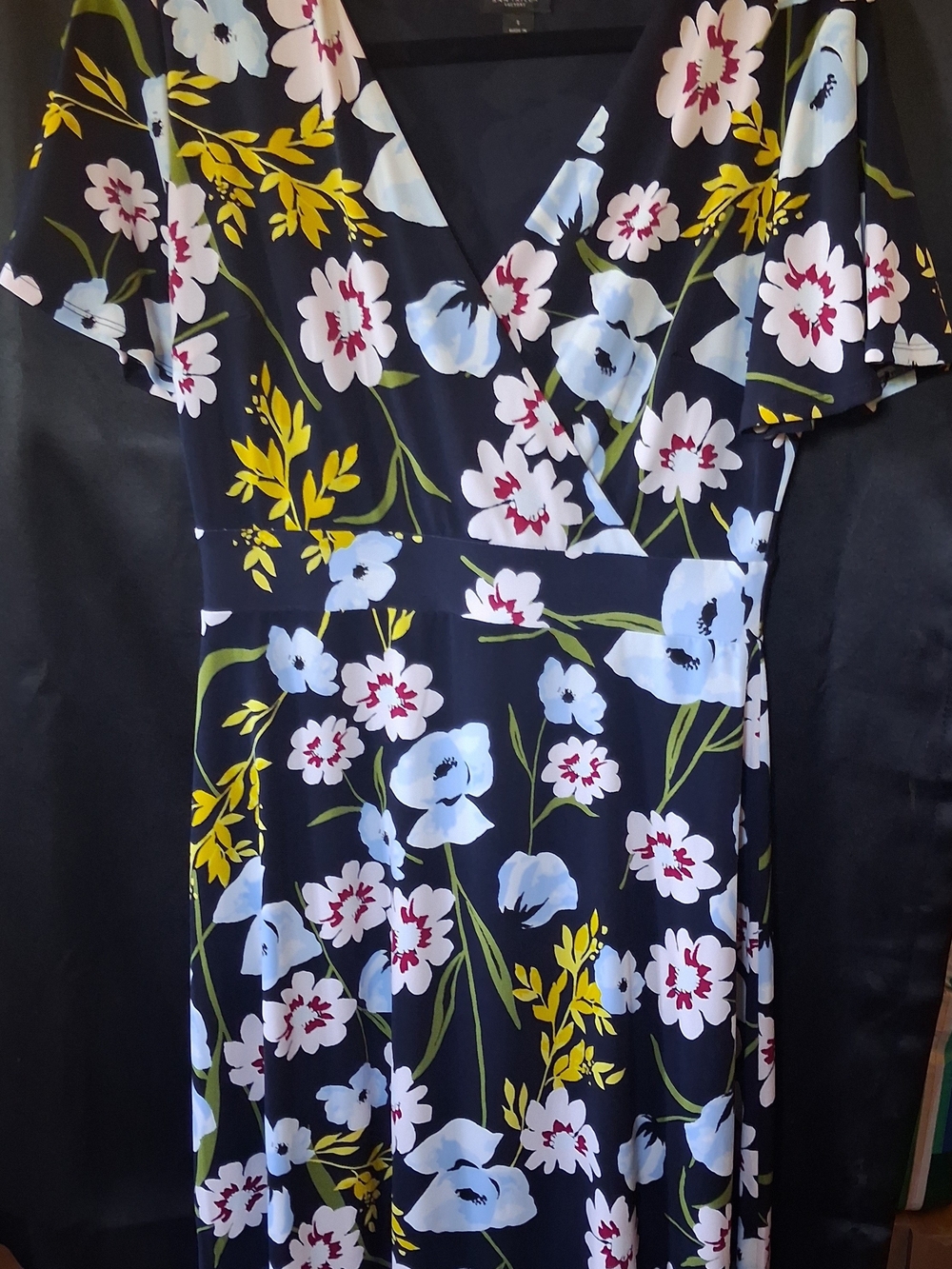 Ann Taylor Navy Midi Wrap Dress with White, Yellow and Green Floral Print